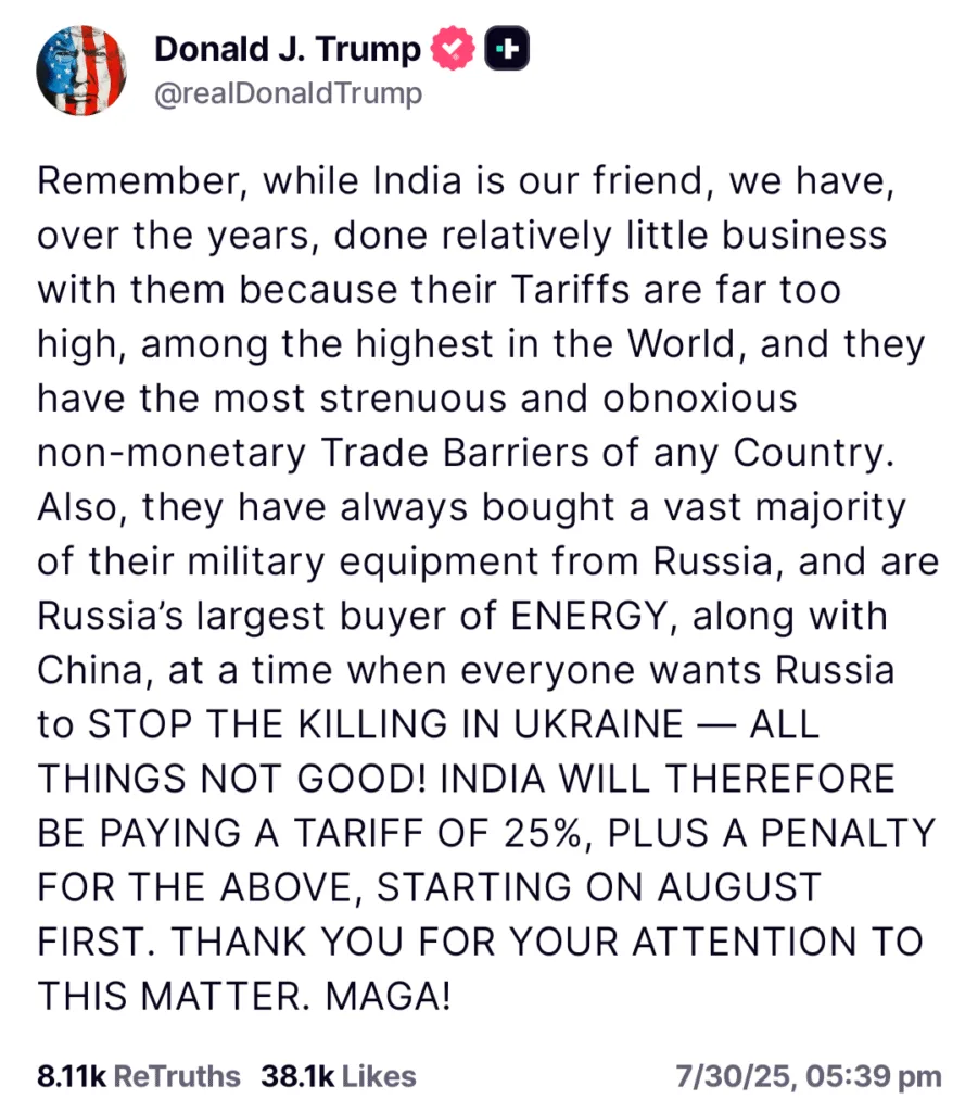 USA Imposes 25% Tariff on India Under Trump-Era Rules
