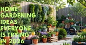 A woman watering vegetables in a raised home garden with fresh produce and green plants, representing popular home gardening ideas in 2026.