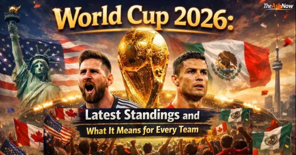 World Cup 2026 latest standings featuring Messi and Ronaldo with the FIFA World Cup trophy, symbolizing hope, pressure, and dreams for every team.