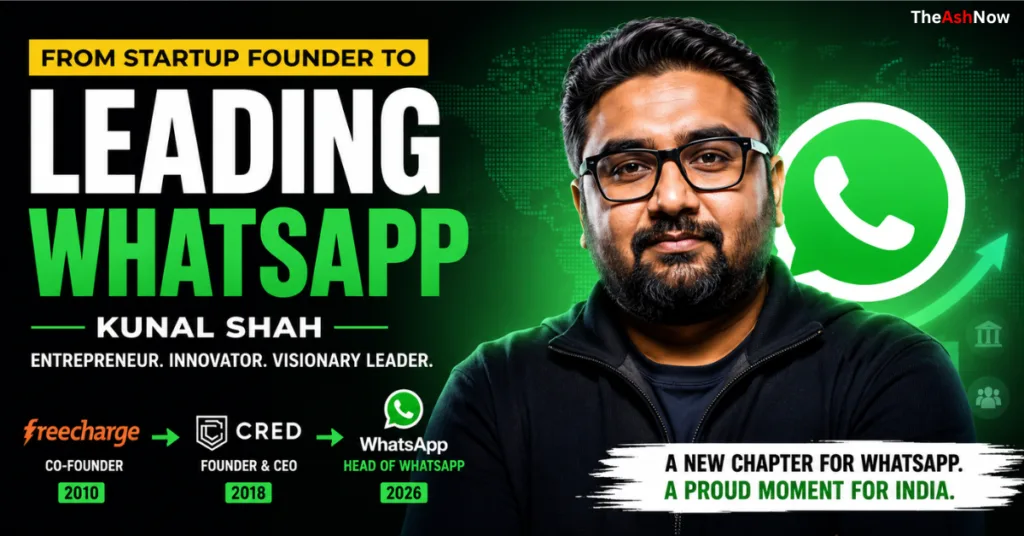 Kunal Shah: How the FreeCharge and CRED Founder Came to Lead WhatsApp Globally Kunal Shah speaking at a public tech event, India. CRED founder Kunal Shah profile image used in company and news coverage. WhatsApp app interface representing privacy-first digital communication. CRED digital platform illustration showing payments and credit management.