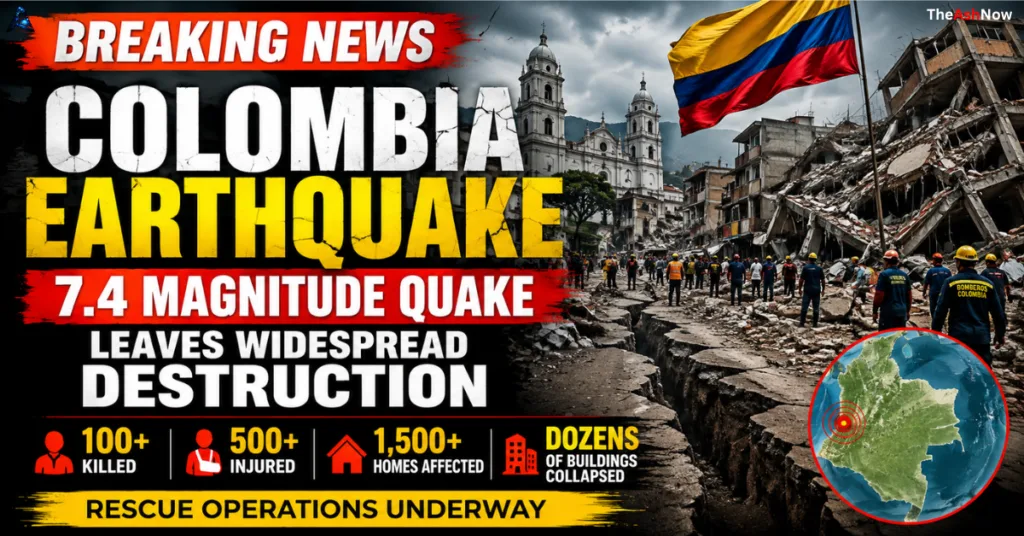 Colombia Earthquake 2026: Rescue teams search through collapsed buildings after a powerful 7.4-magnitude earthquake caused widespread destruction in western Colombia.