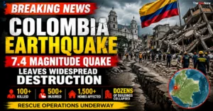 Colombia Earthquake 2026: Rescue teams search through collapsed buildings after a powerful 7.4-magnitude earthquake caused widespread destruction in western Colombia.